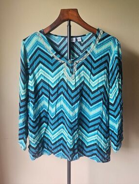 Kim Rogers Chevron-Print Blouse Top in Teal Blue Size 1X